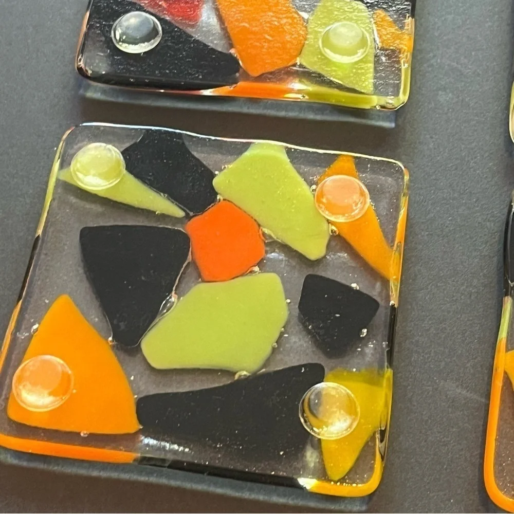 Fused Art Glass Coasters Barware Drink Abstract Geometric Black Orange MCM 4x
